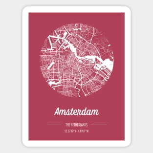 City map in red: Amsterdam, The Netherlands, with retro vintage flair Magnet